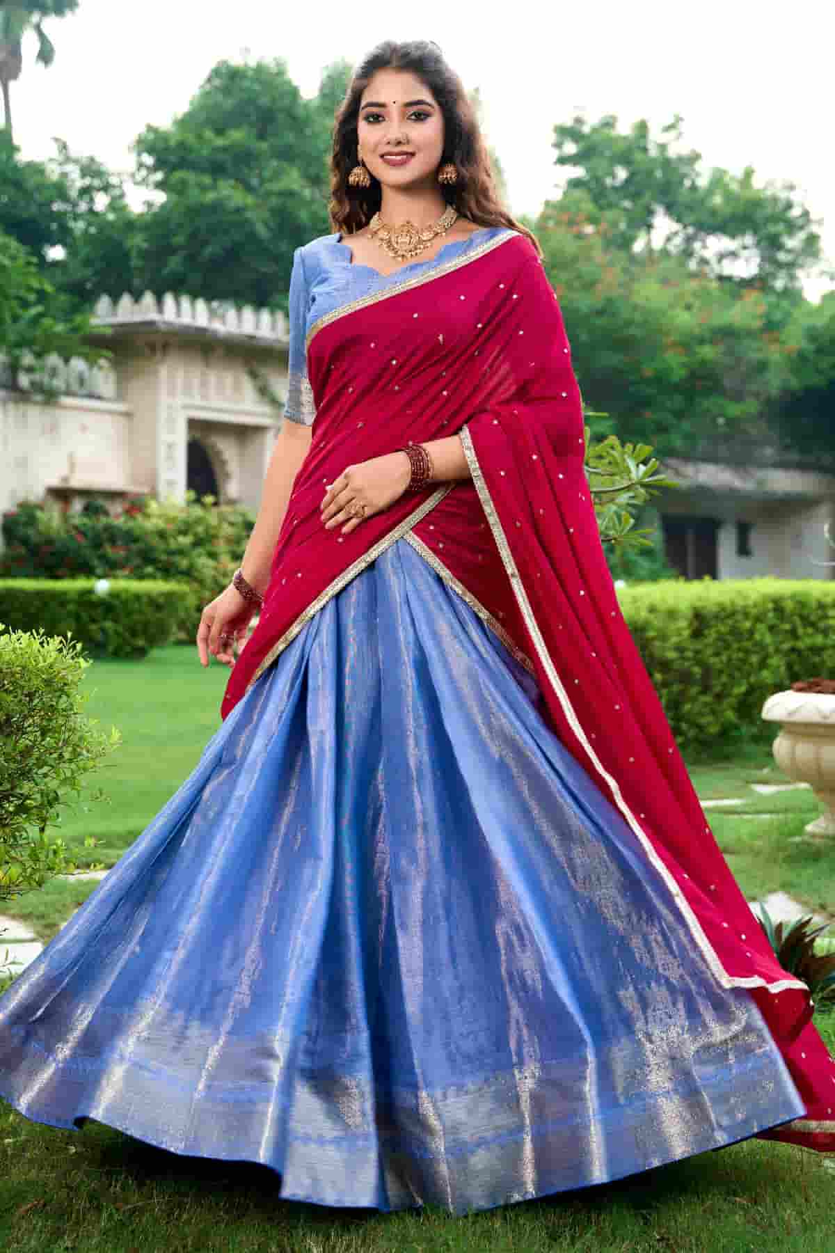 Kanchipuram Zari Woven Work Lehenga Choli In Light Blue Colour