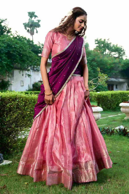 Kanchipuram Zari Woven Work Lehenga Choli In Light Pink Colour