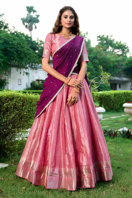 Kanchipuram Zari Woven Work Lehenga Choli In Light Pink Colour