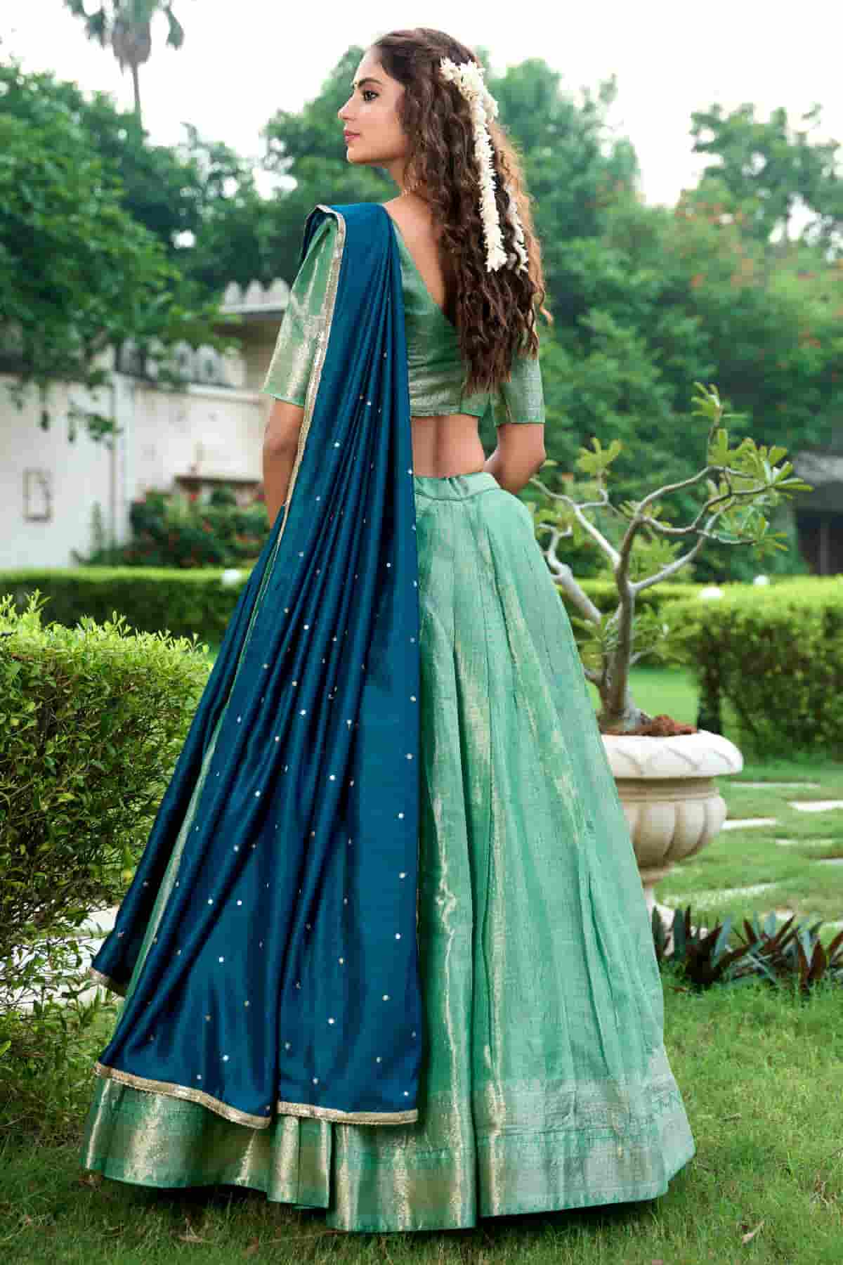 Kanchipuram Zari Woven Work Lehenga Choli In Pista Green Colour