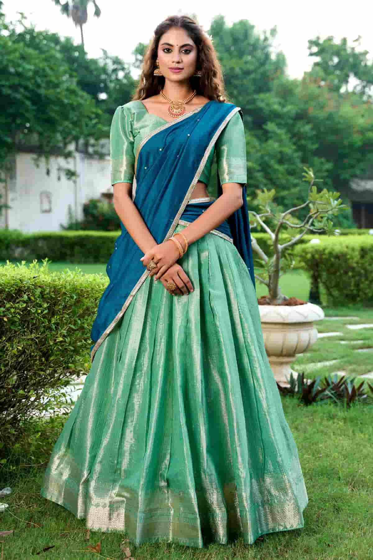 Kanchipuram Zari Woven Work Lehenga Choli In Pista Green Colour