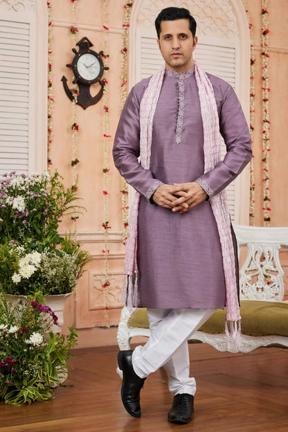 Lavender Colour Art Banarasi Silk Kurta Pajama With Stole KP1230249
