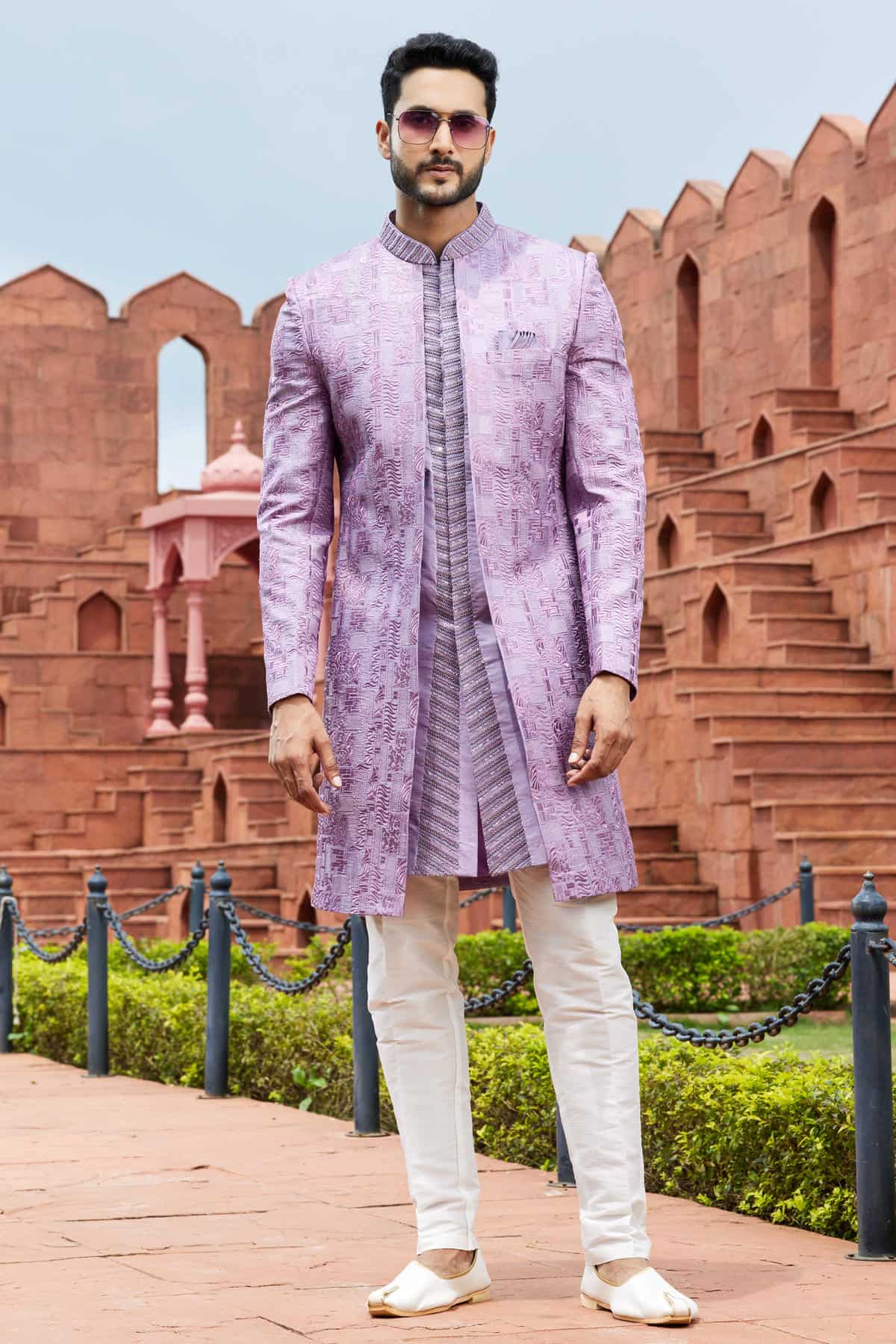 Lavender Colour Art Silk Thread Embroidery Work 3 Pcs Jacket Set