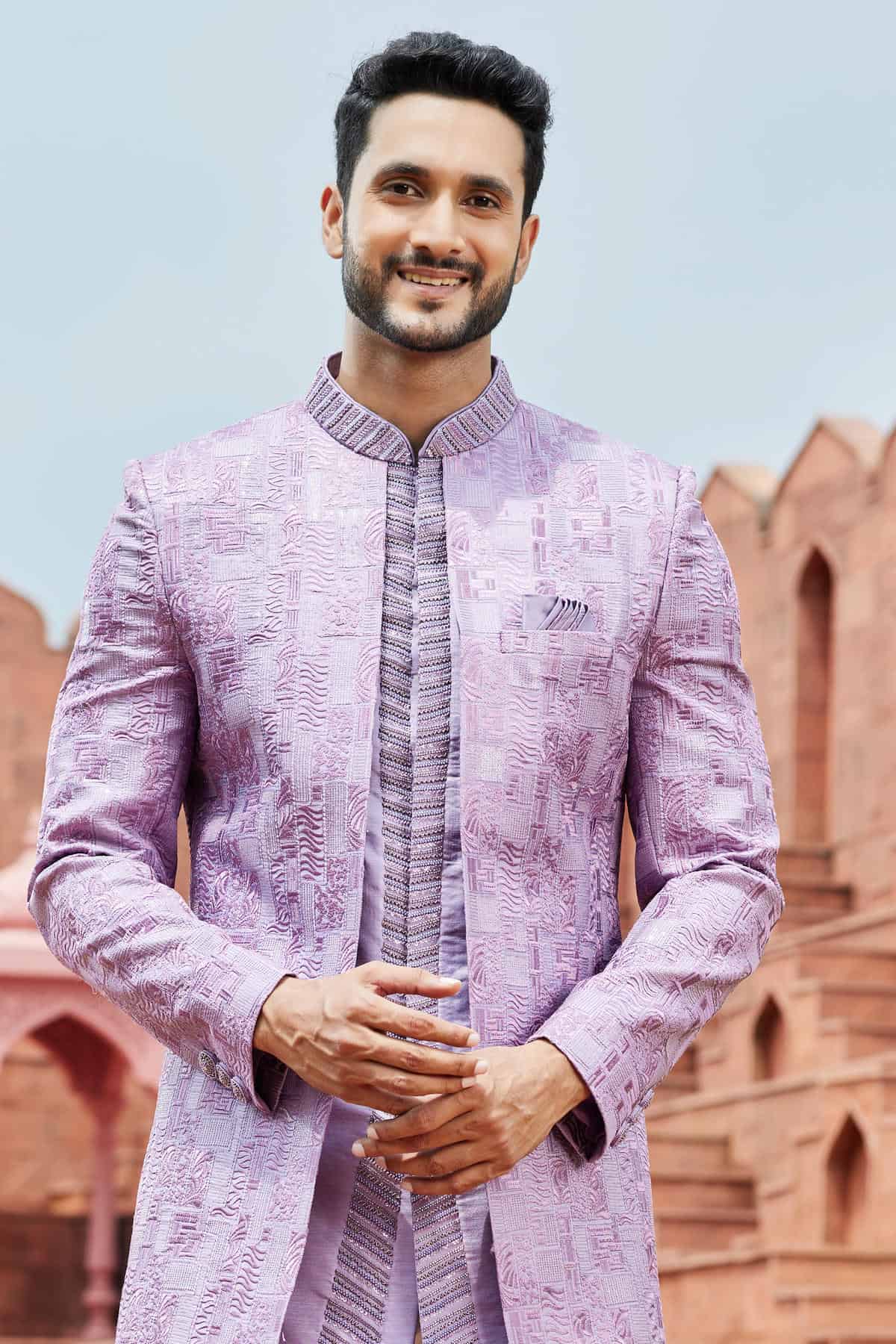 Lavender Colour Art Silk Thread Embroidery Work 3 Pcs Jacket Set