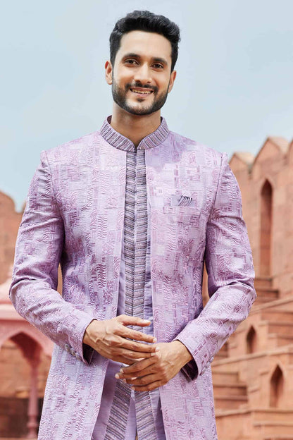 Lavender Colour Art Silk Thread Embroidery Work 3 Pcs Jacket Set
