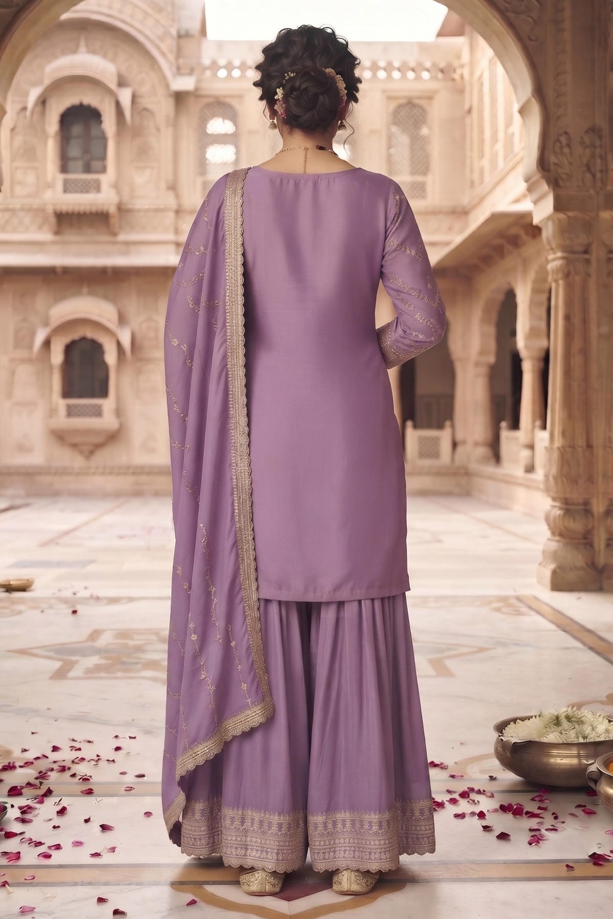 Lavender Colour Chinon Embroidery Work Palazzo Pant Suit