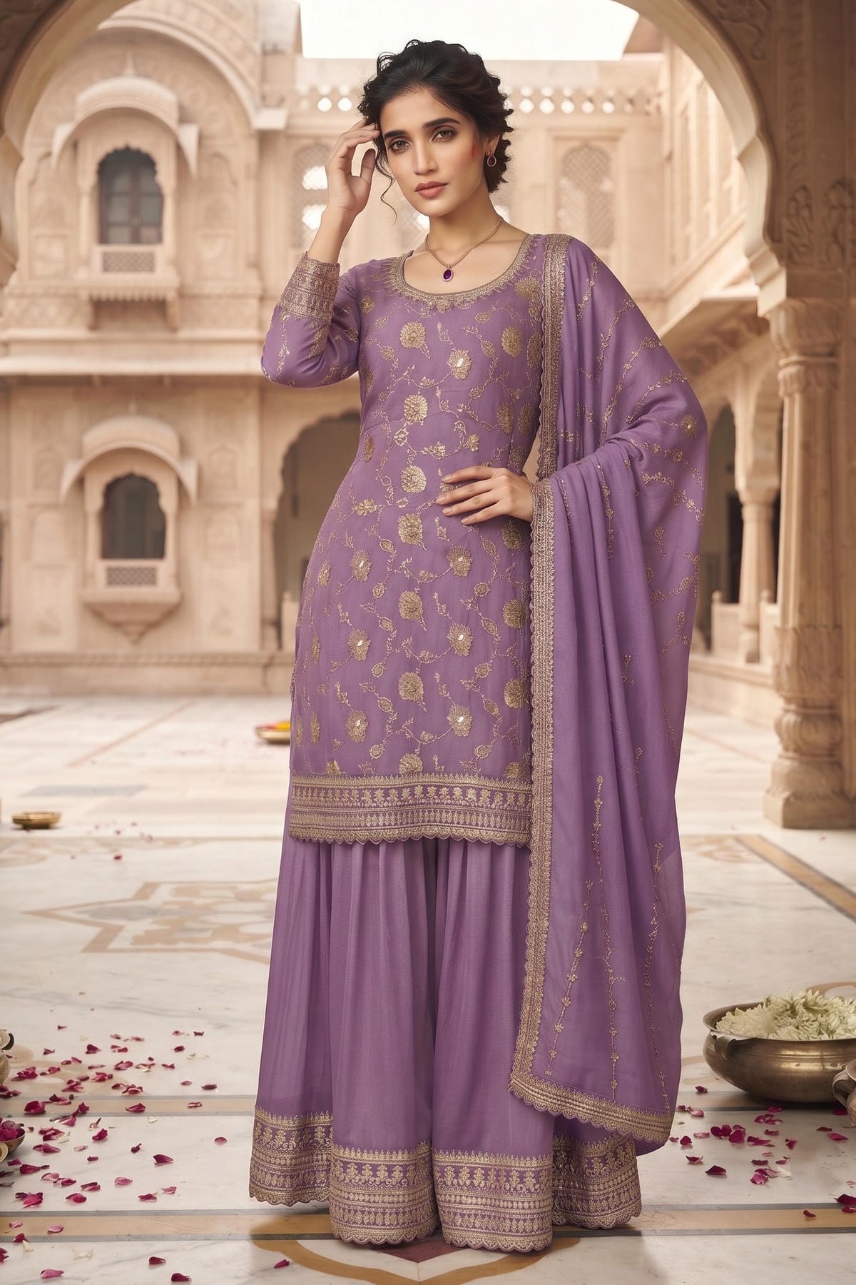 Lavender Colour Chinon Embroidery Work Palazzo Pant Suit