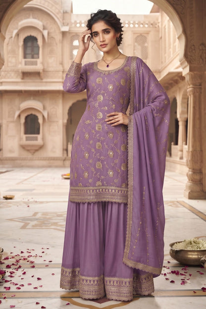 Lavender Colour Chinon Embroidery Work Palazzo Pant Suit