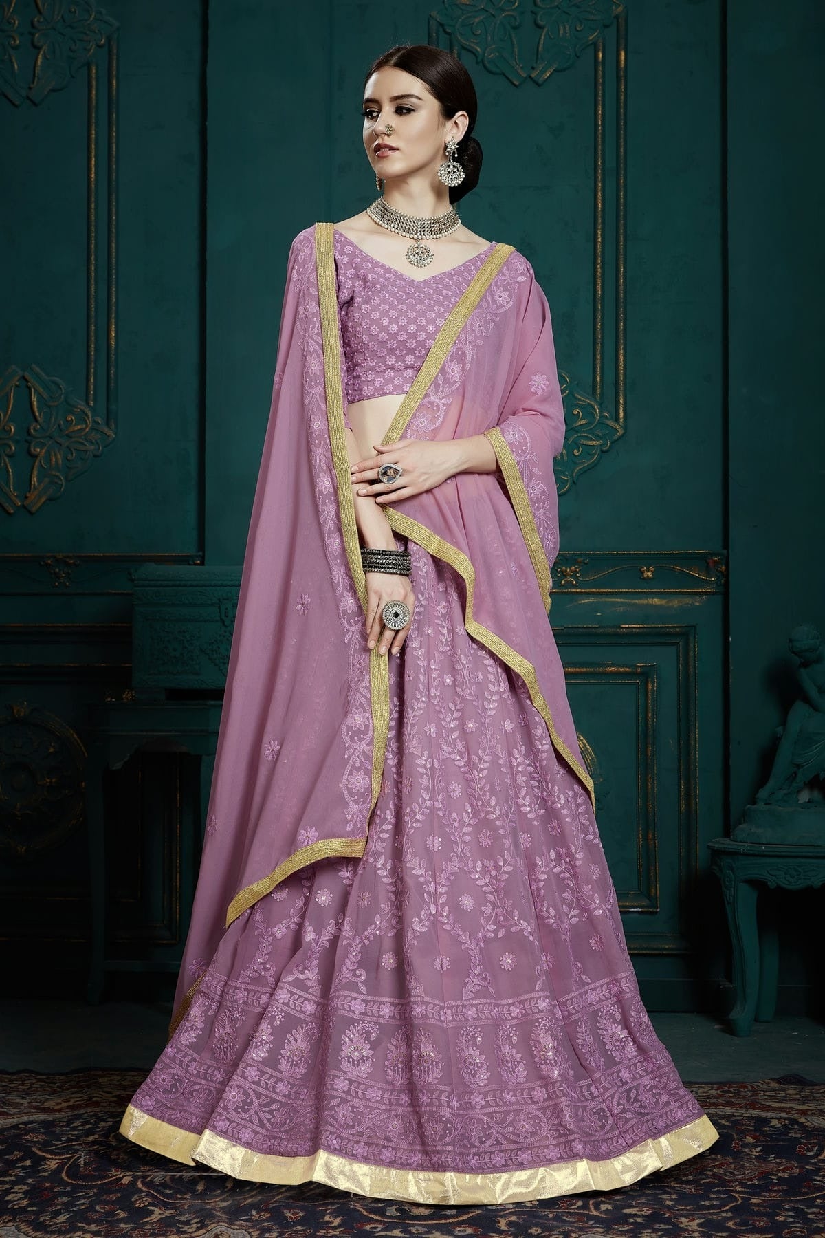 Lavender Colour Embroidery Georgette Lehenga Choli LD1080685 A