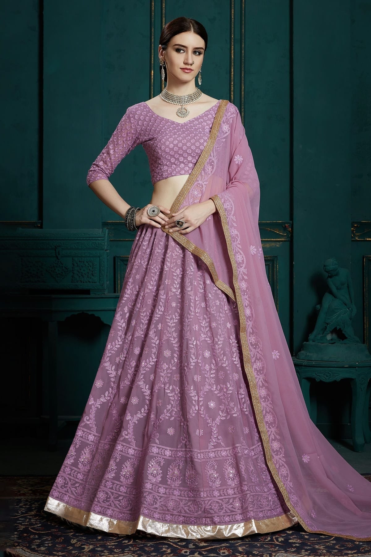 Lavender Colour Embroidery Georgette Lehenga Choli LD1080685