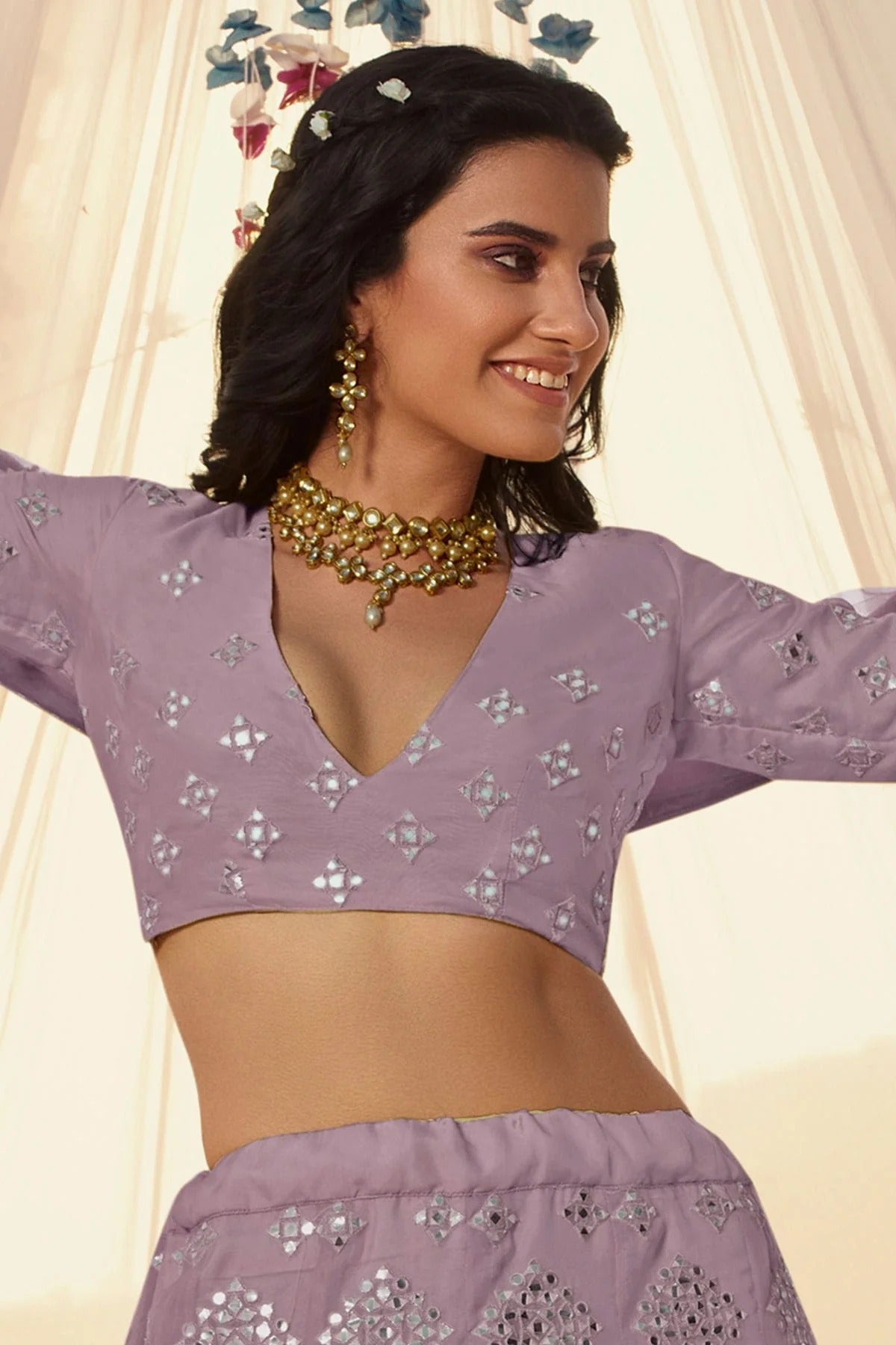 Lavender Colour Embroidery Organza Lehenga Choli LD1080693 A