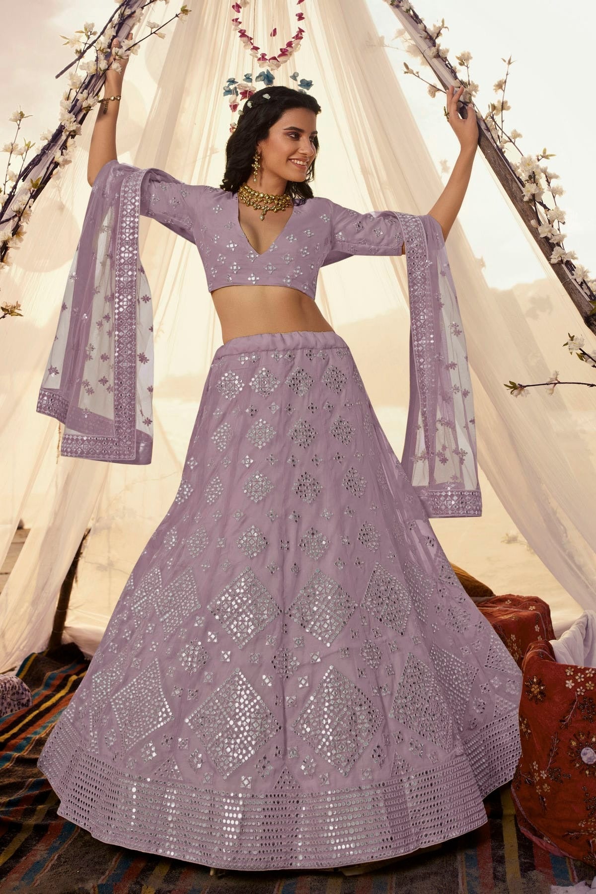 Lavender Colour Embroidery Organza Lehenga Choli LD1080693
