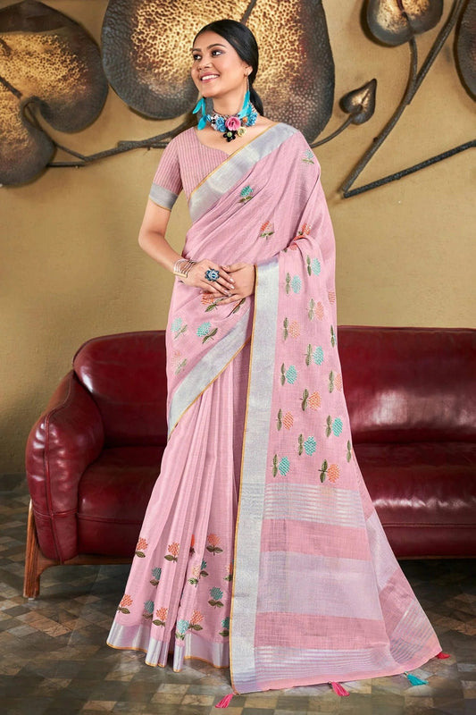 Lavender Colour Embroidery Work Linen Saree SD1101537