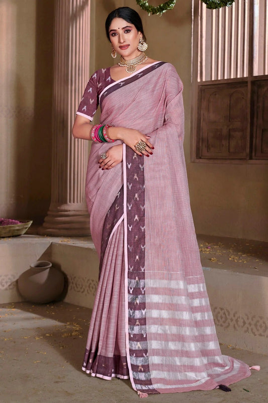 Lavender Colour Embroidery Work Linen Saree SD1101551