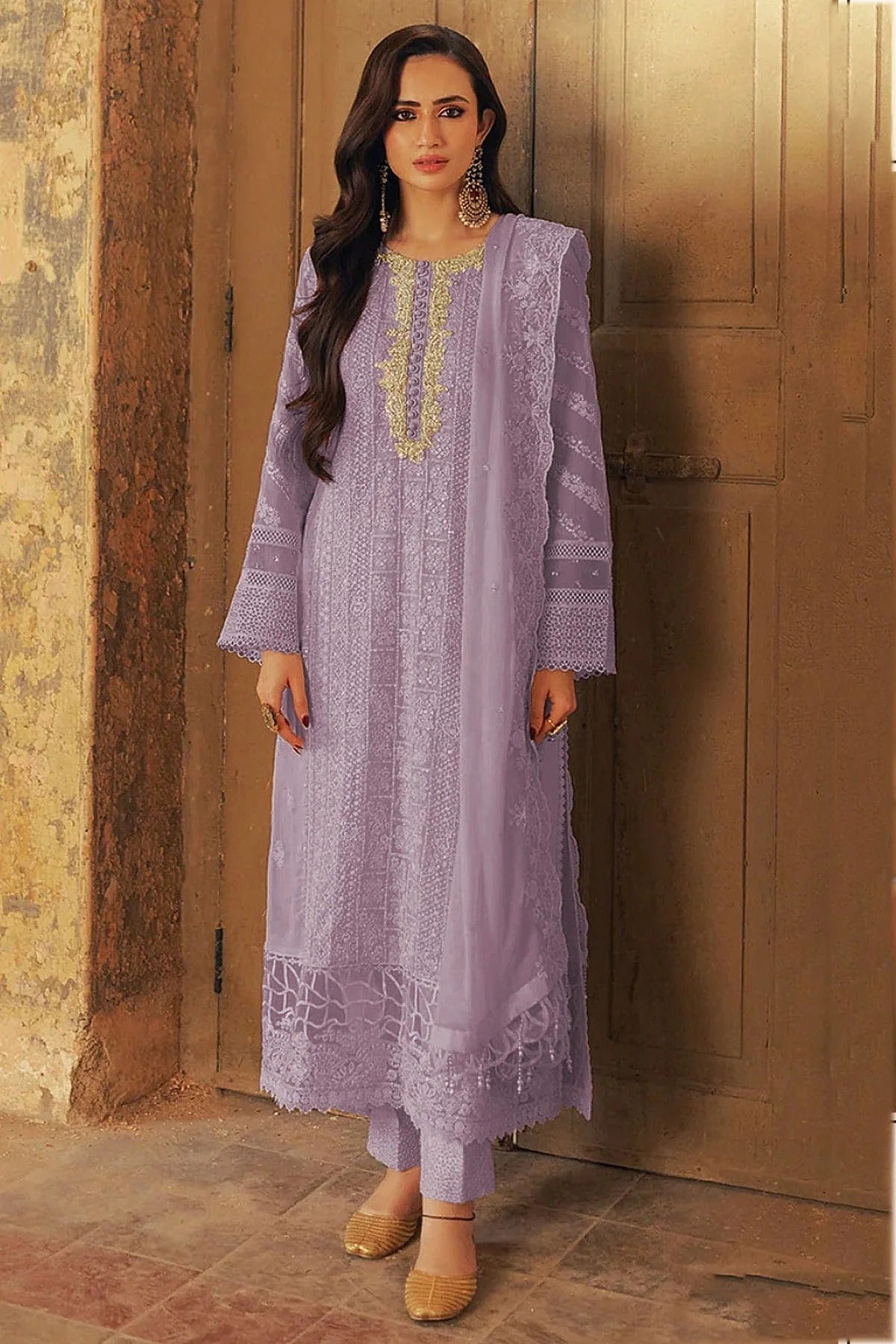 Lavender Colour Faux Georgette Semi Stitched Pakistani Suit SM1140467