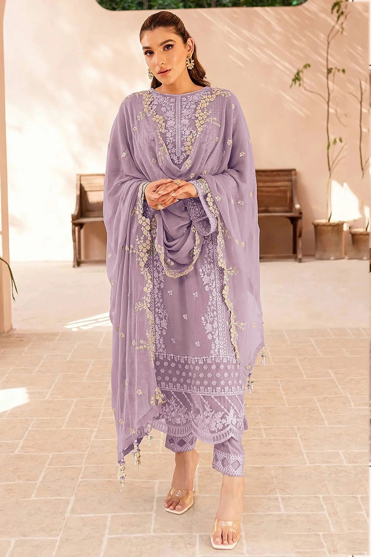 Lavender Colour Faux Georgette Semi Stitched Pakistani Suit SM1140476