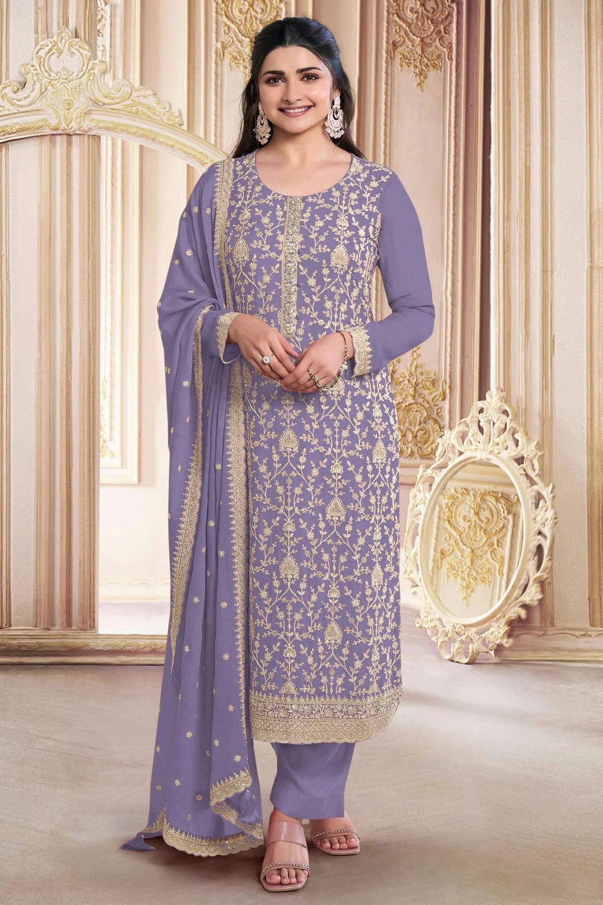 Lavender Colour Faux Georgette Semi Stitched Pant Style Suit SM1140494