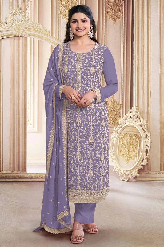 Lavender Colour Faux Georgette Semi Stitched Pant Style Suit SM1140494