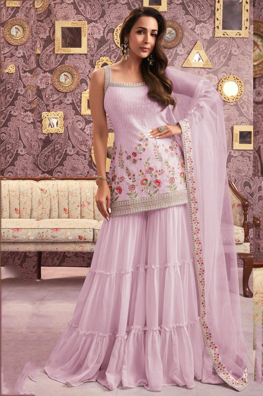 Lavender Colour Faux Georgette Semi Stitched Sharara Suit SM1140489