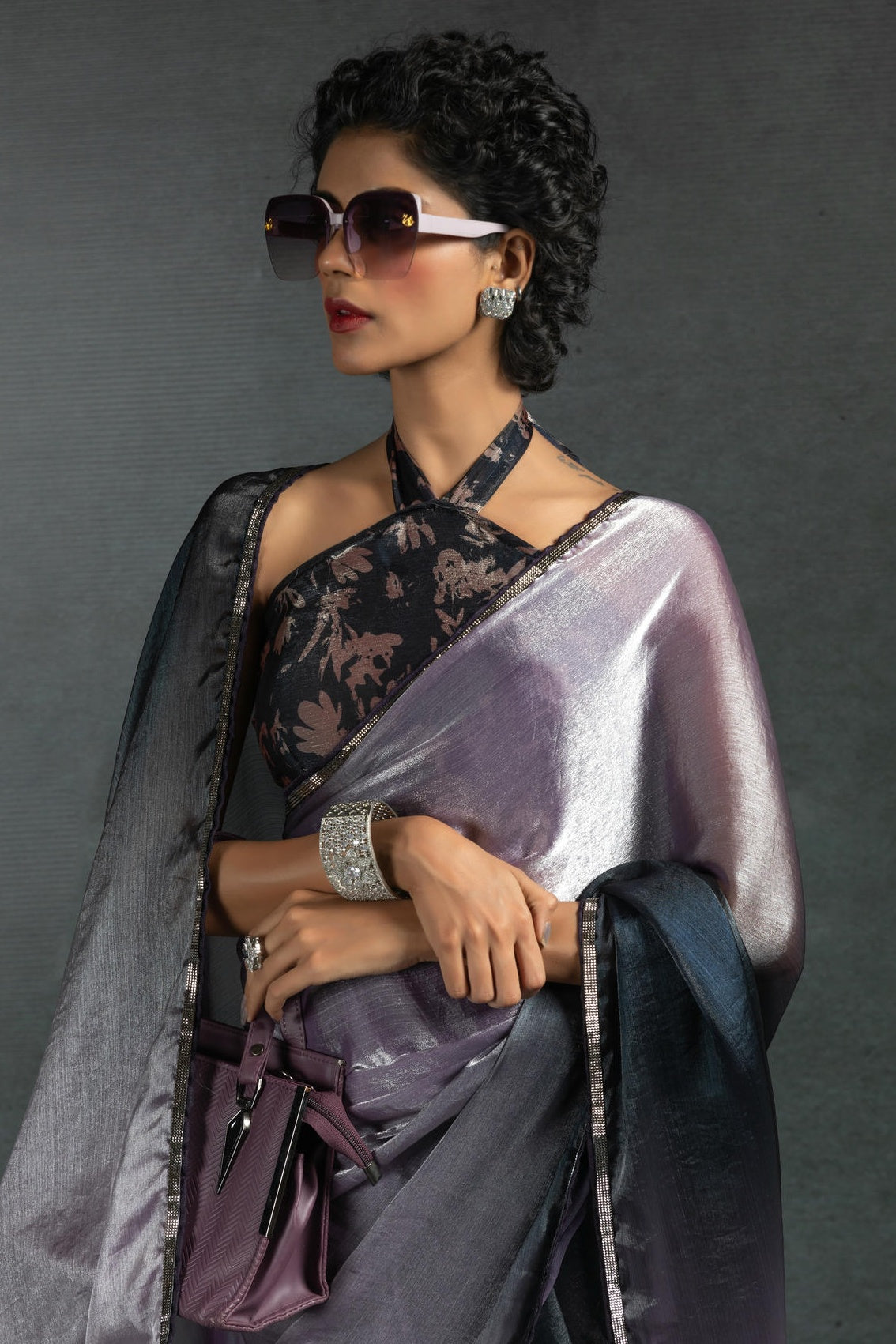Lavender Colour Fendi Satin Silk Ready To Wear Saree