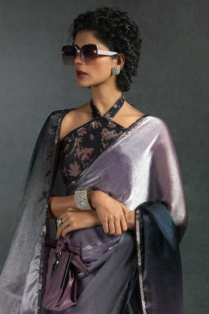Lavender Colour Fendi Satin Silk Ready To Wear Saree