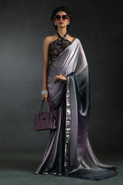 Lavender Colour Fendi Satin Silk Ready To Wear Saree