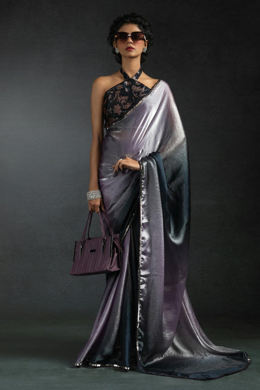 Lavender Colour Fendi Satin Silk Ready To Wear Saree