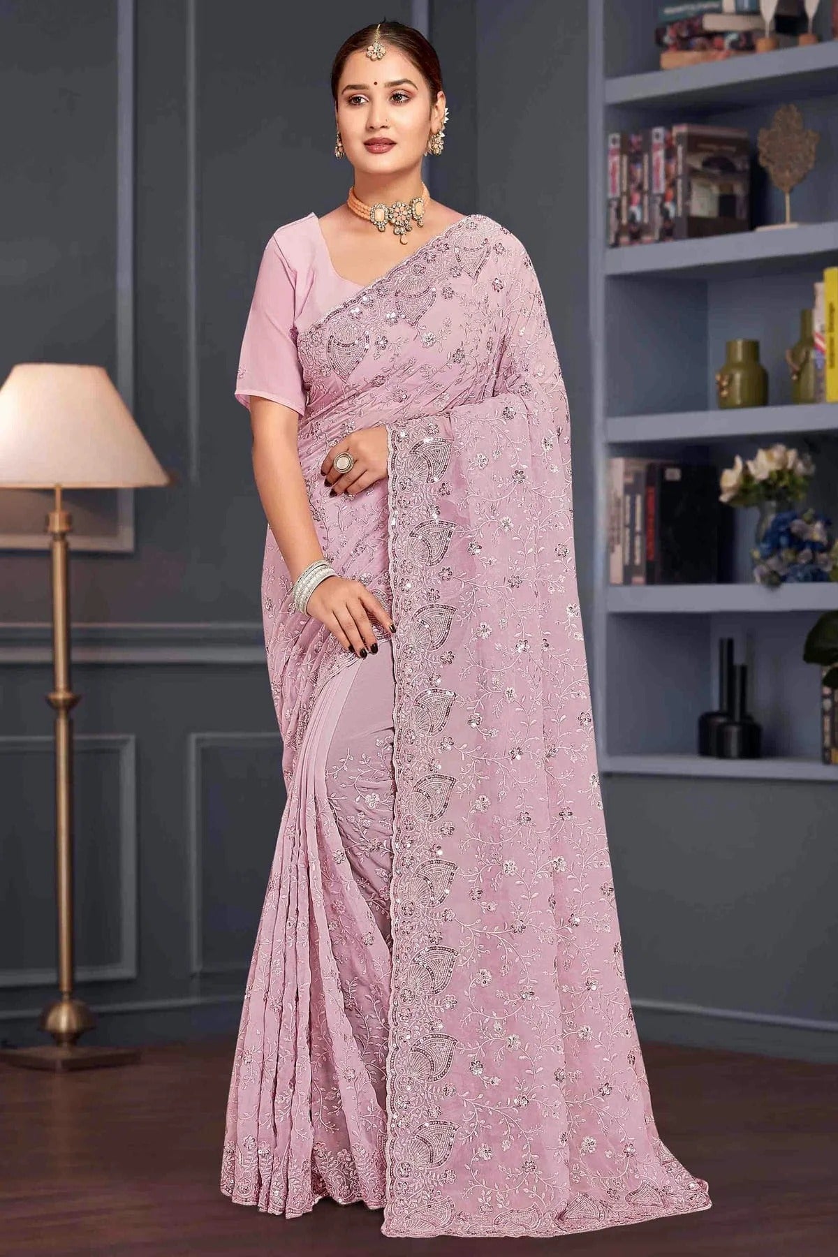 Lavender Colour Georgette Embroidery Work Designer Saree SD1091247