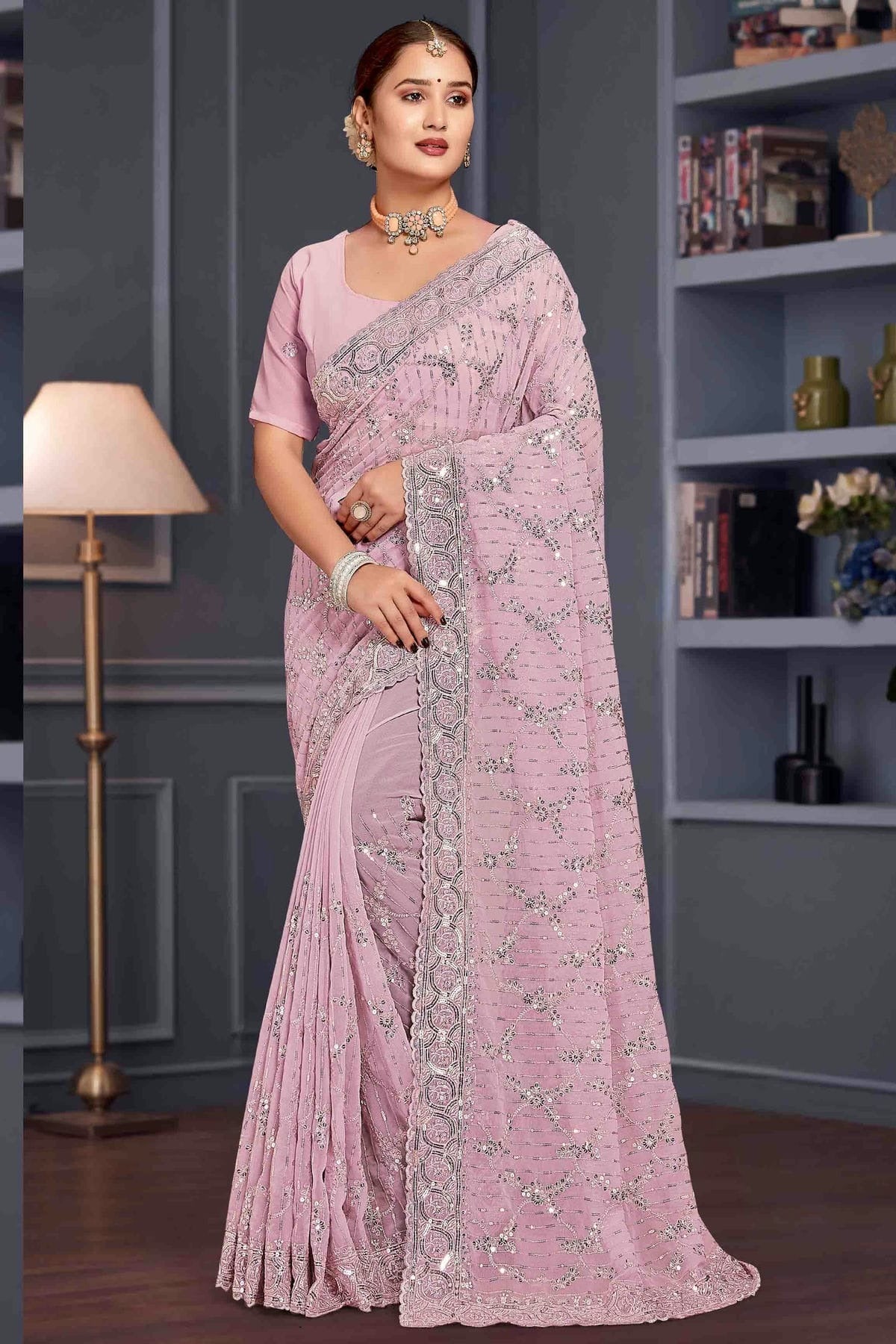 Lavender Colour Georgette Embroidery Work Designer Saree SD1091251