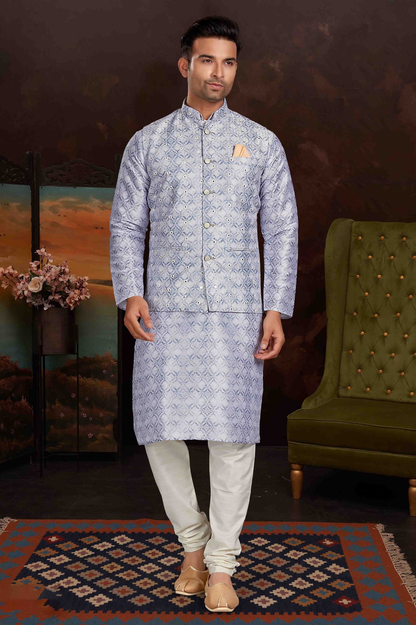 Lavender Colour Kurta Pajama With Jacket In Malai Silk KP1210440 A