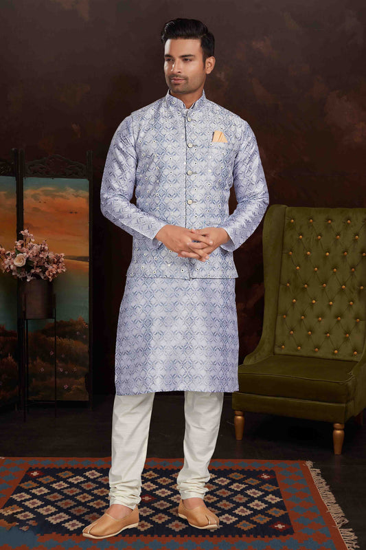 Lavender Colour Kurta Pajama With Jacket In Malai Silk KP1210440