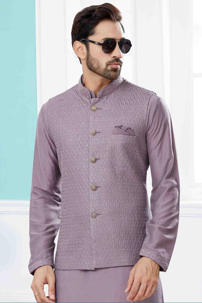 Lavender Colour Kurta Pajama With Jacket In Silk Dupion Fabric KP1040460 A