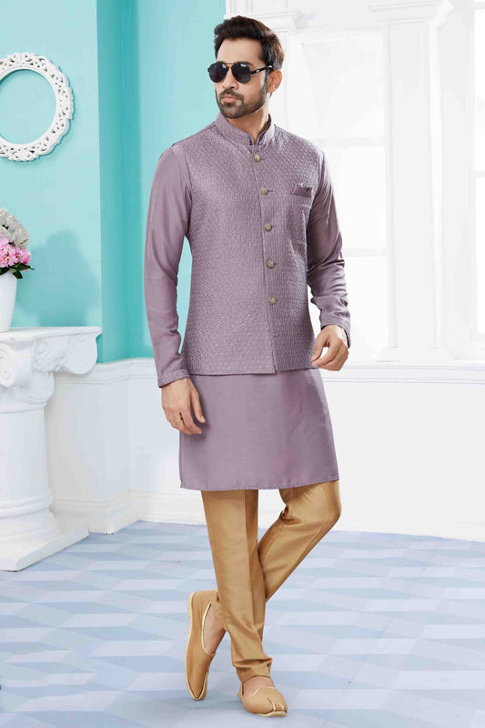 Lavender Colour Kurta Pajama With Jacket In Silk Dupion Fabric KP1040460
