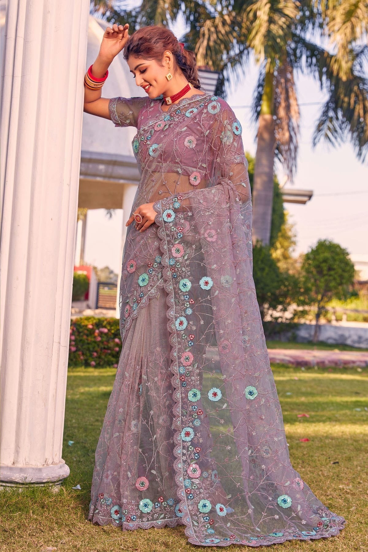 Lavender Colour Net Designer Saree LC1121358