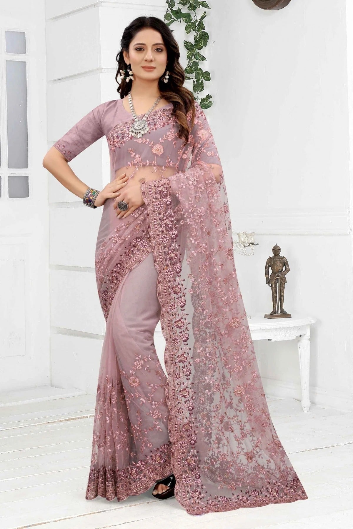 Lavender Colour Net Embroidery Saree SD1090256