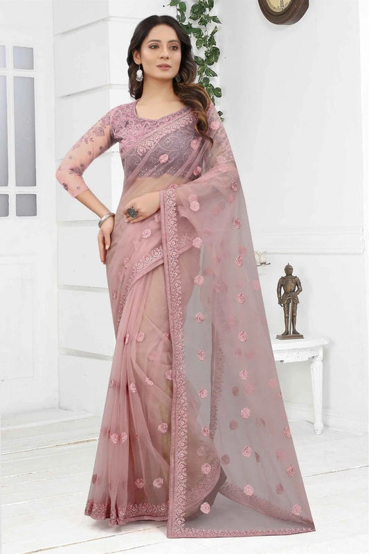 Lavender Colour Net Embroidery Saree SD1120883