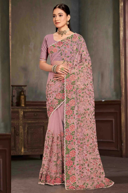 Lavender Colour Net Embroidery Work Designer Saree SD1091236