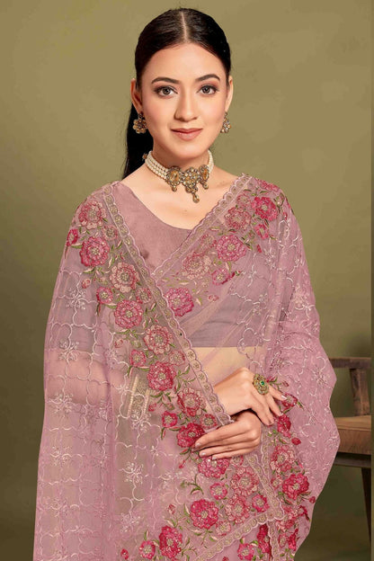 Lavender Colour Net Embroidery Work Designer Saree SD1091241 A