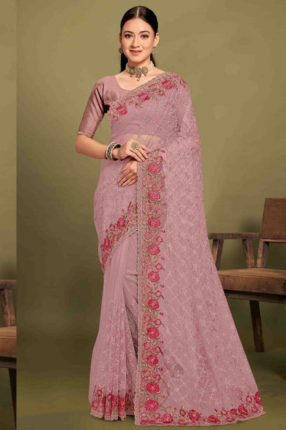 Lavender Colour Net Embroidery Work Designer Saree SD1091241