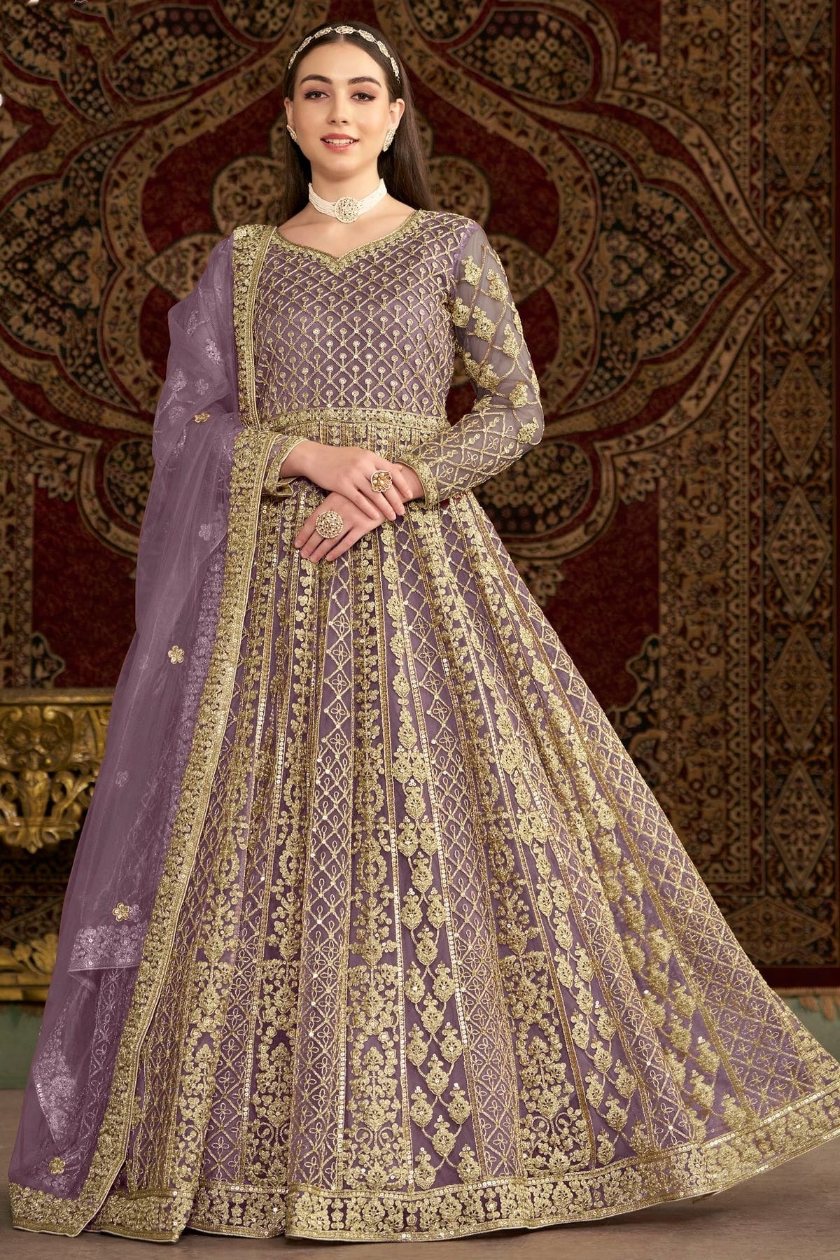Lavender Colour Net Semi Stitched Anarkali Suit SM1050659