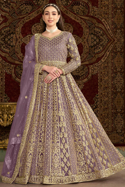 Lavender Colour Net Semi Stitched Anarkali Suit SM1050659