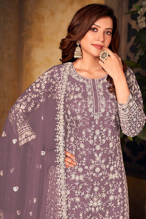 Lavender Colour Net Semi Stitched Palazzo Pant Suit SM1050326 A