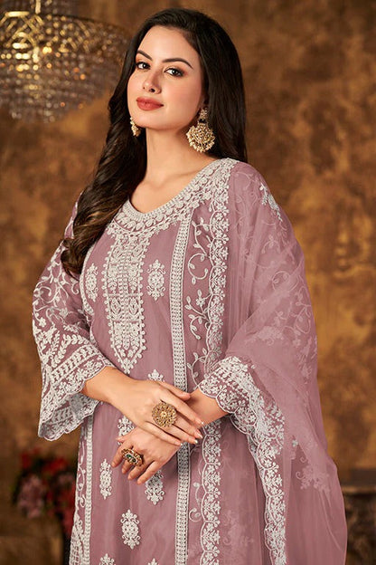 Lavender Colour Net Semi Stitched Palazzo Pant Suit SM1050339 A