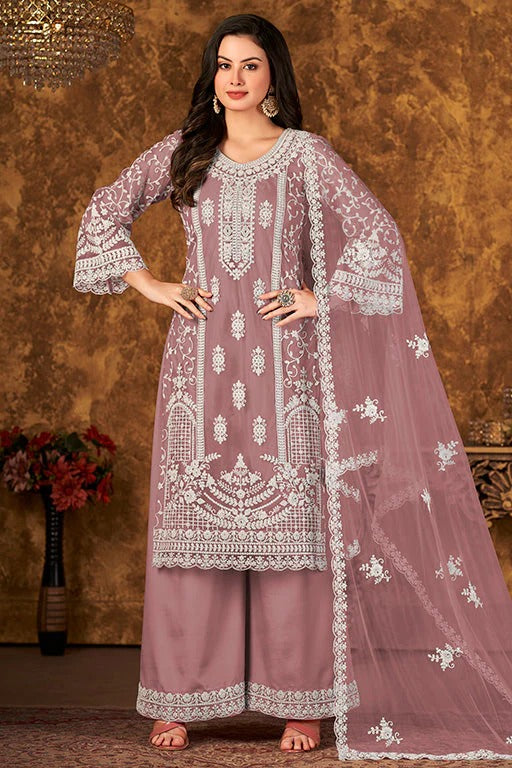 Lavender Colour Net Semi Stitched Palazzo Pant Suit SM1050339