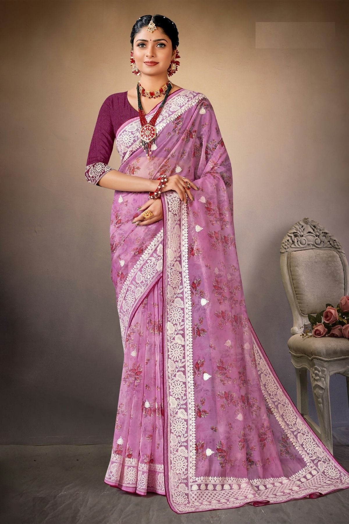 Lavender Colour Organza Printed Saree LC1121573