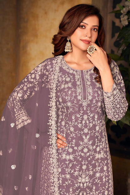 Lavender Colour Plazoo Pant Suit Net Semi Stitched SM1050525 A