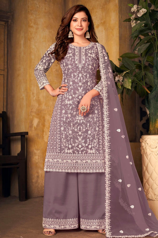Lavender Colour Plazoo Pant Suit Net Semi Stitched SM1050525