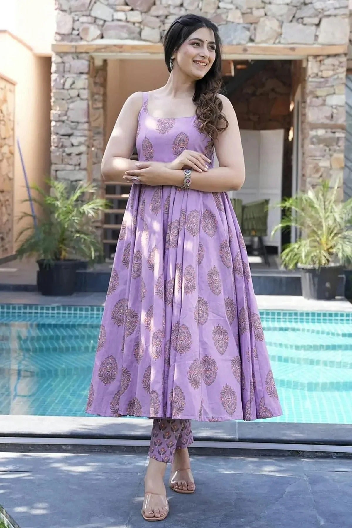 Lavender Colour Printed Muslin Stitched Suit SS1112462 A