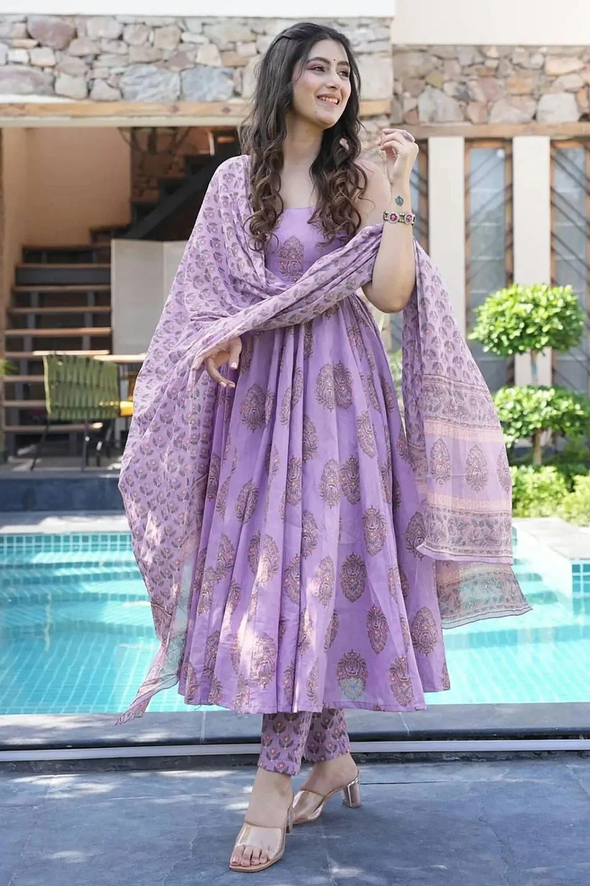 Lavender Colour Printed Muslin Stitched Suit SS1112462