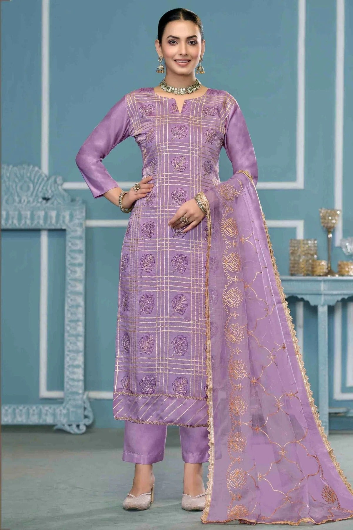 Lavender Colour Roman Cotton Pant Style Suit SM1113268